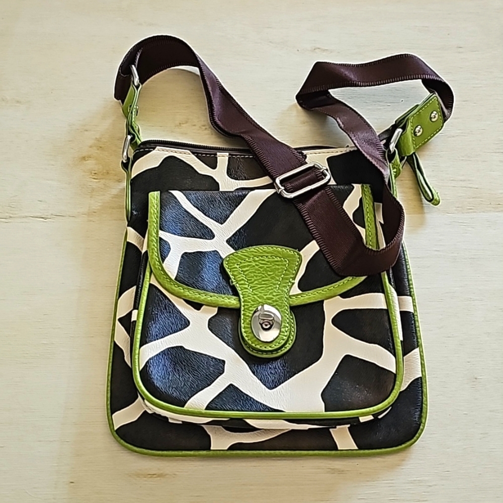 Purse or bag brown and cream giraffe print with green accents
